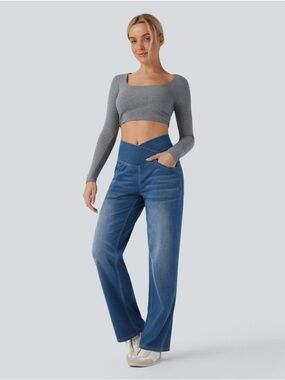 Halara Flex™ Crossover High Waisted Tummy Control Casual Straight Leg Jeans